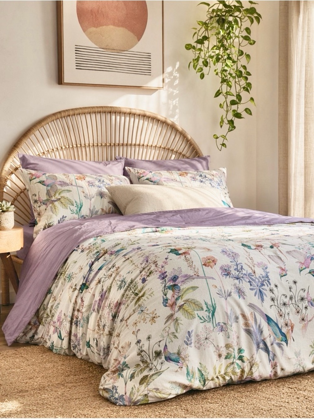 NEW Anthro Purple Floral Bird Boho Cotton Queen / King Bedding Duvet & Sham Set - Picture 2 of 13
